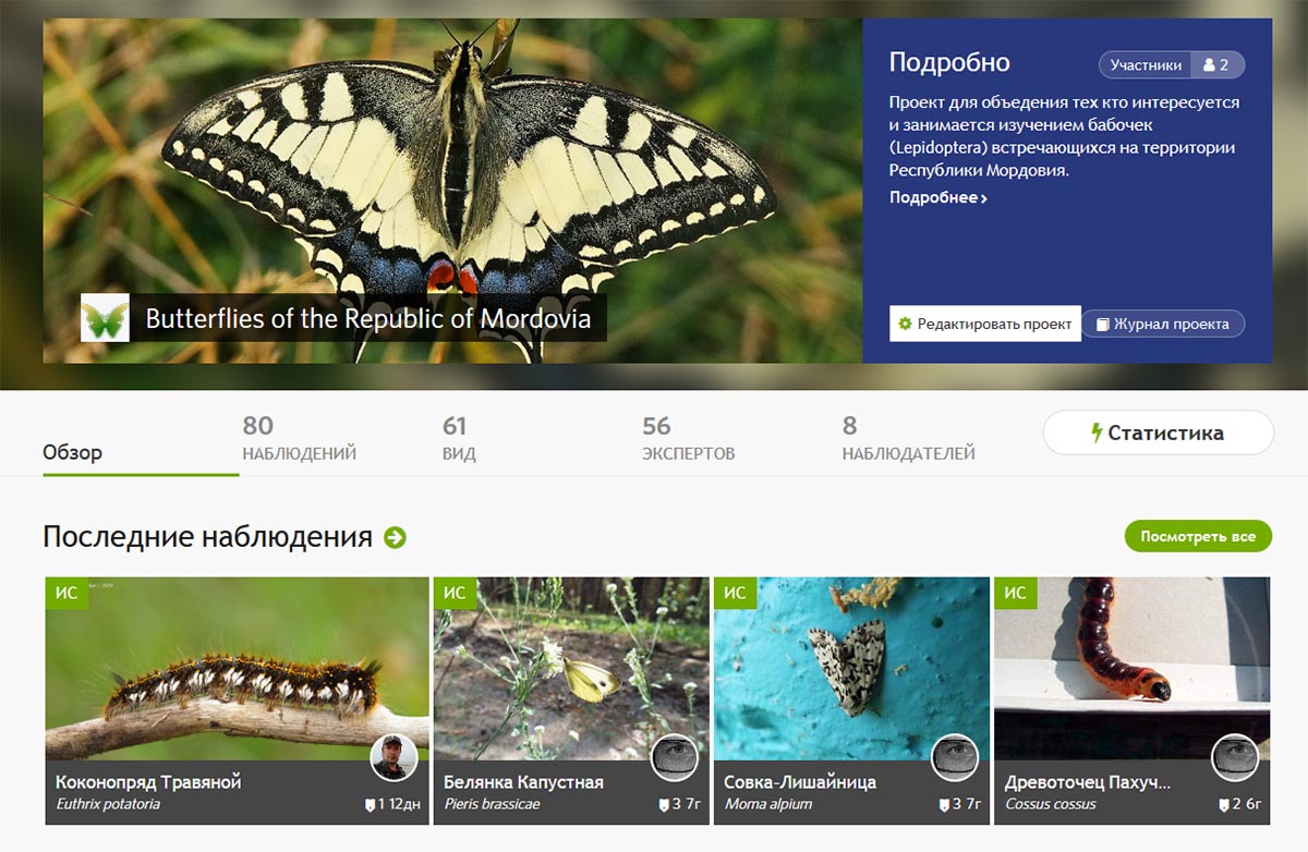 Проект на страницах iNaturalist посвященый бабочкам Мордовии - "Butterflies of the Republic of Mordovia"
